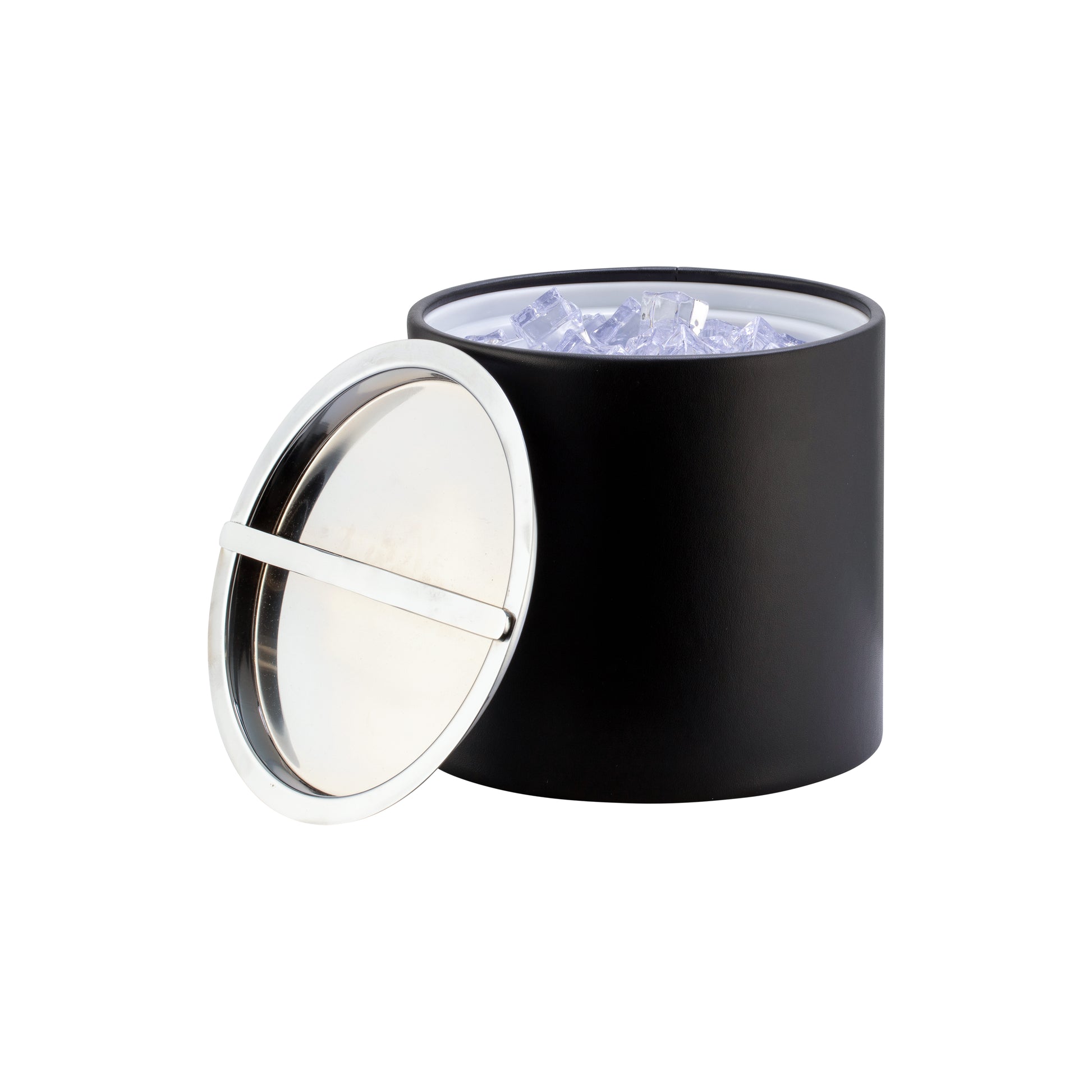 Black | Opened leatherette Manhattan ice bucket to reveal ice inside.
