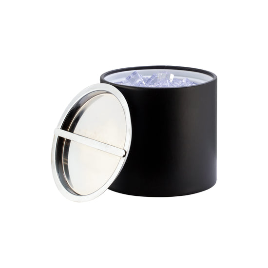 Black | Opened leatherette Manhattan ice bucket to reveal ice inside.
