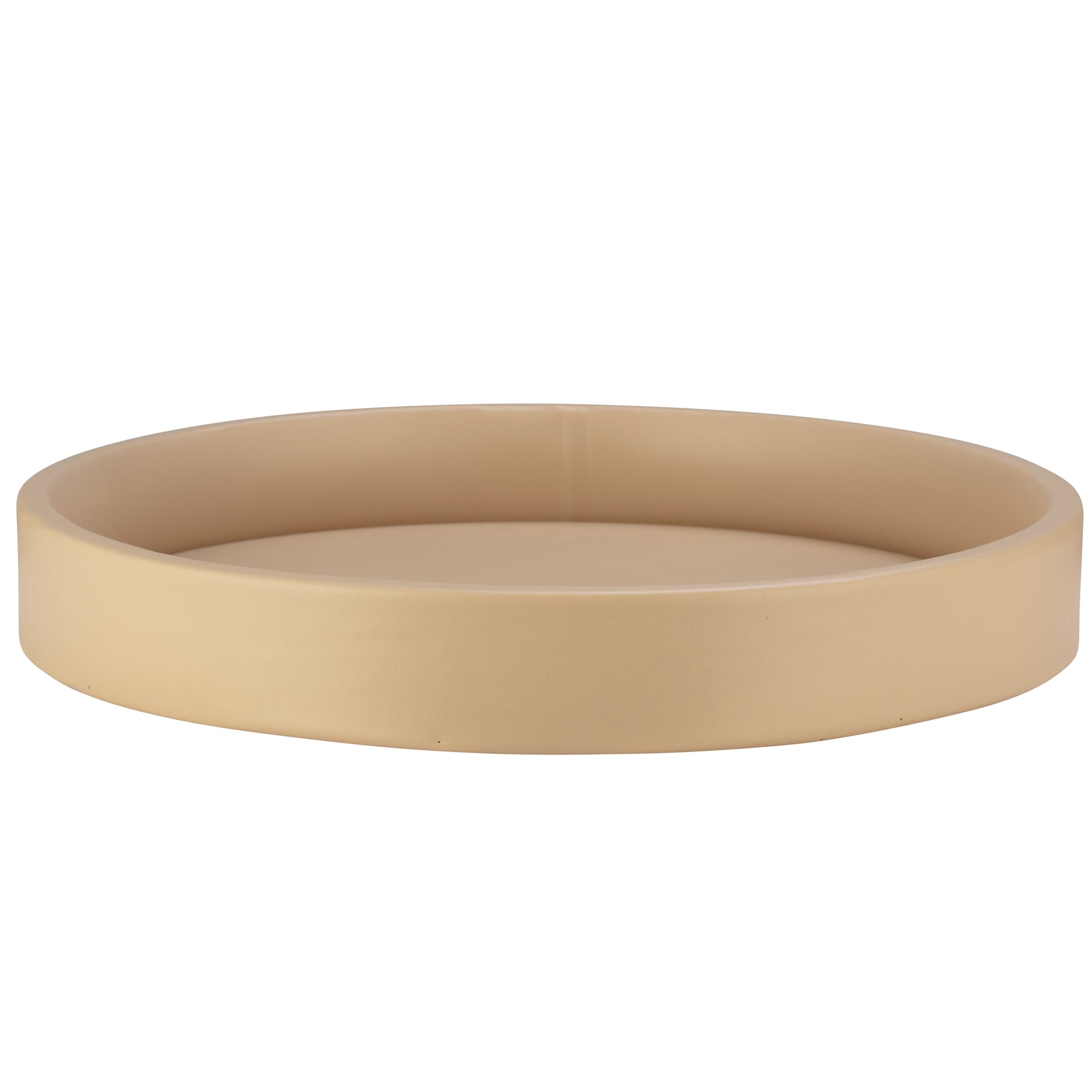 Beige | Leatherette round serving tray showing the height of the rim.