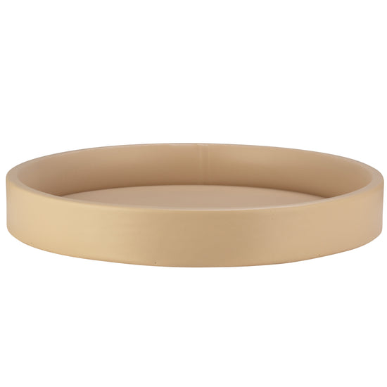 Beige | Leatherette round serving tray showing the height of the rim.