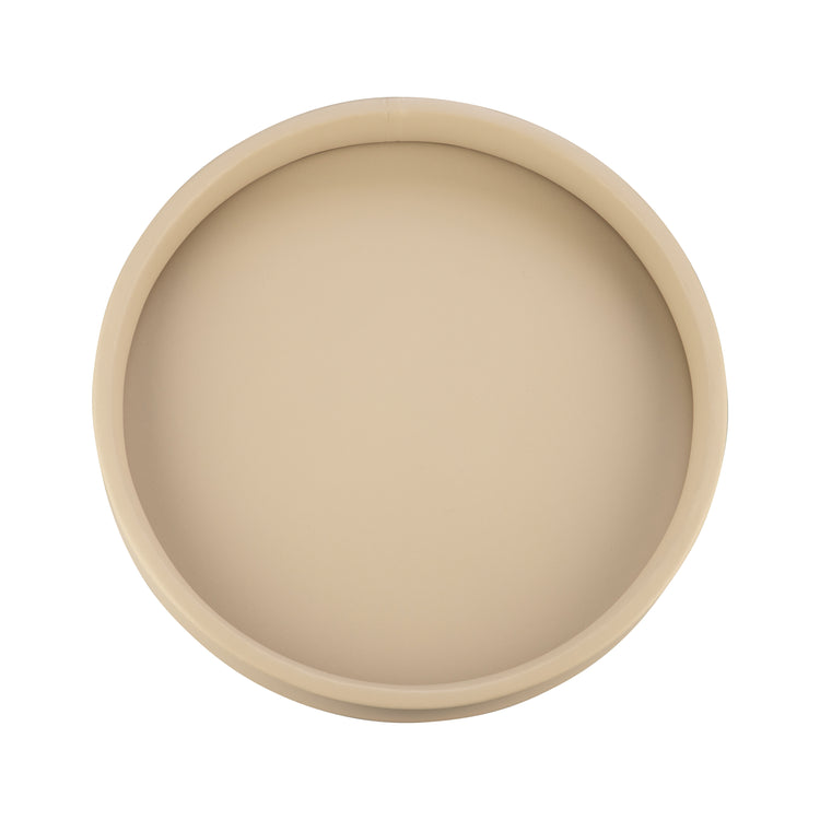 Beige | Leatherette round serving tray on a white background.