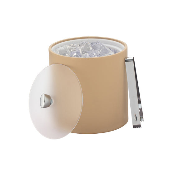 Beige | 3QT ice bucket wrapped in leatherette with a durable acrylic cover and chrome arc-shaped knob for easy lifting.