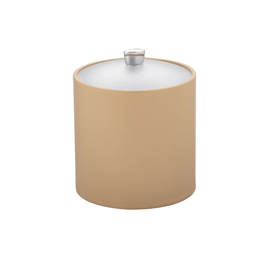 Beige | 3QT leatherette ice bucket with frosted acrylic cover and polished chrome arc knob.