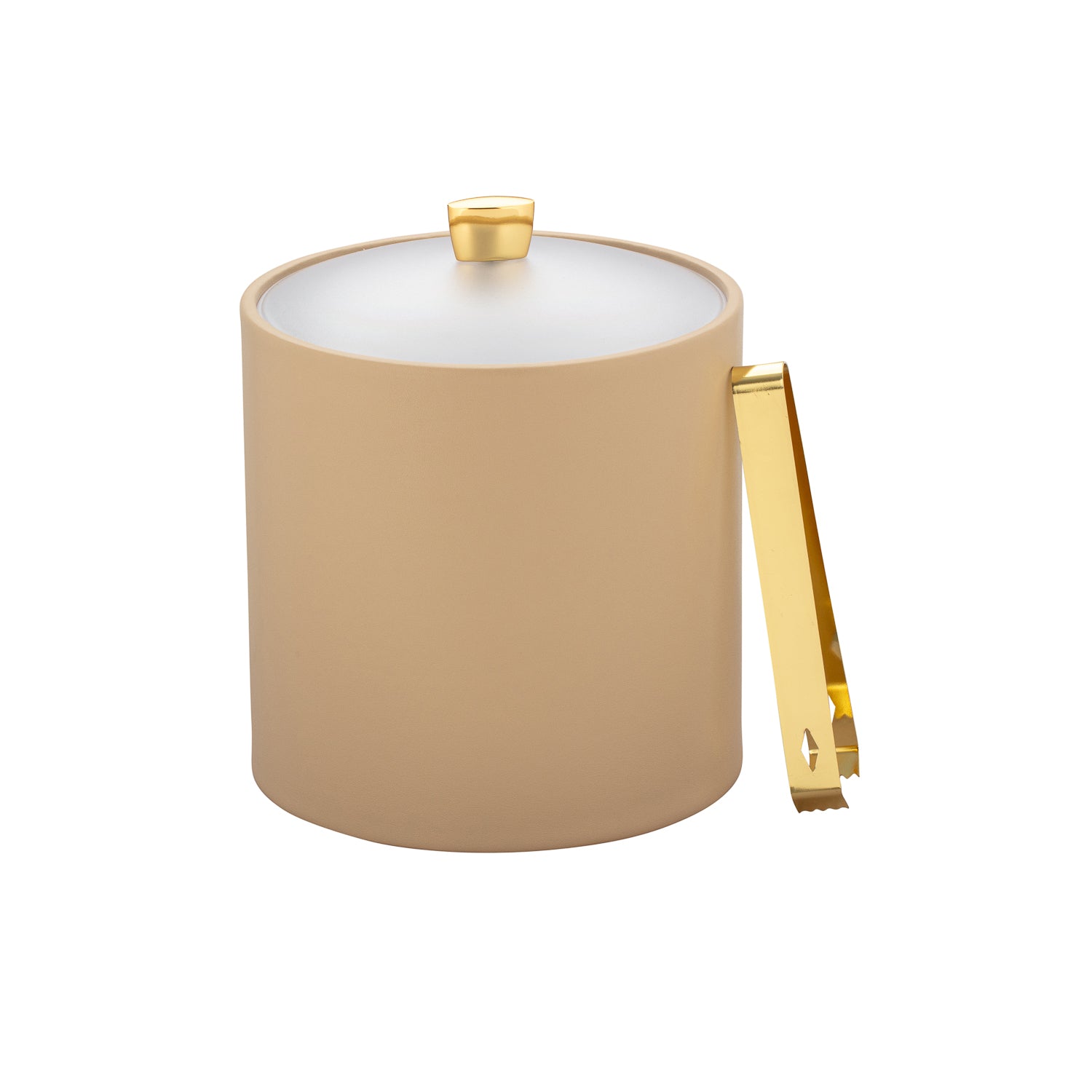 Beige | Ice bucket designed with an acrylic lid and polished gold arc knob, styled for upscale ice cube serving.