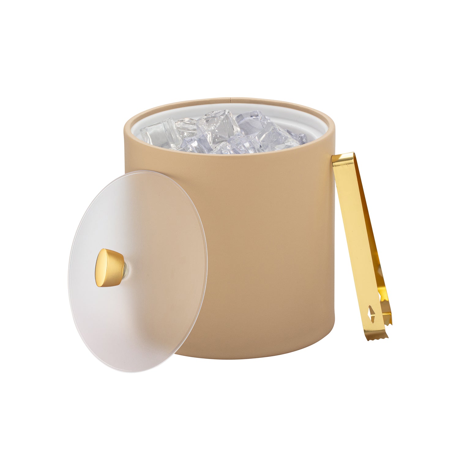 Beige | Contemporary ice bucket with light weight acrylic cover and reflective gold arc-shaped knob.