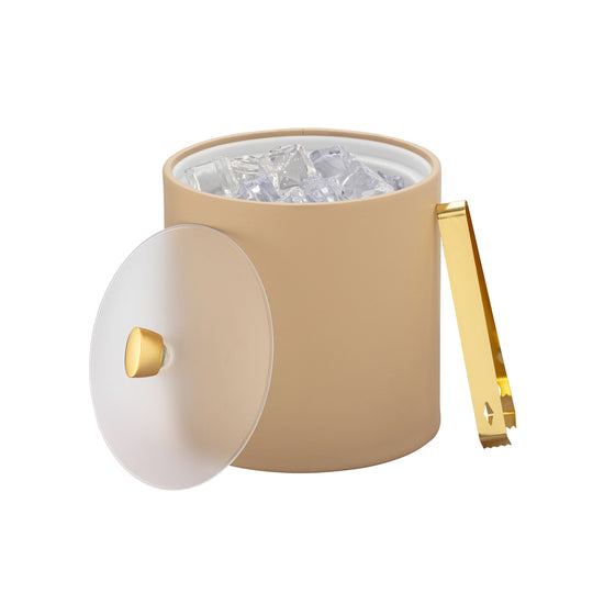 Beige | Contemporary ice bucket with light weight acrylic cover and reflective gold arc-shaped knob.