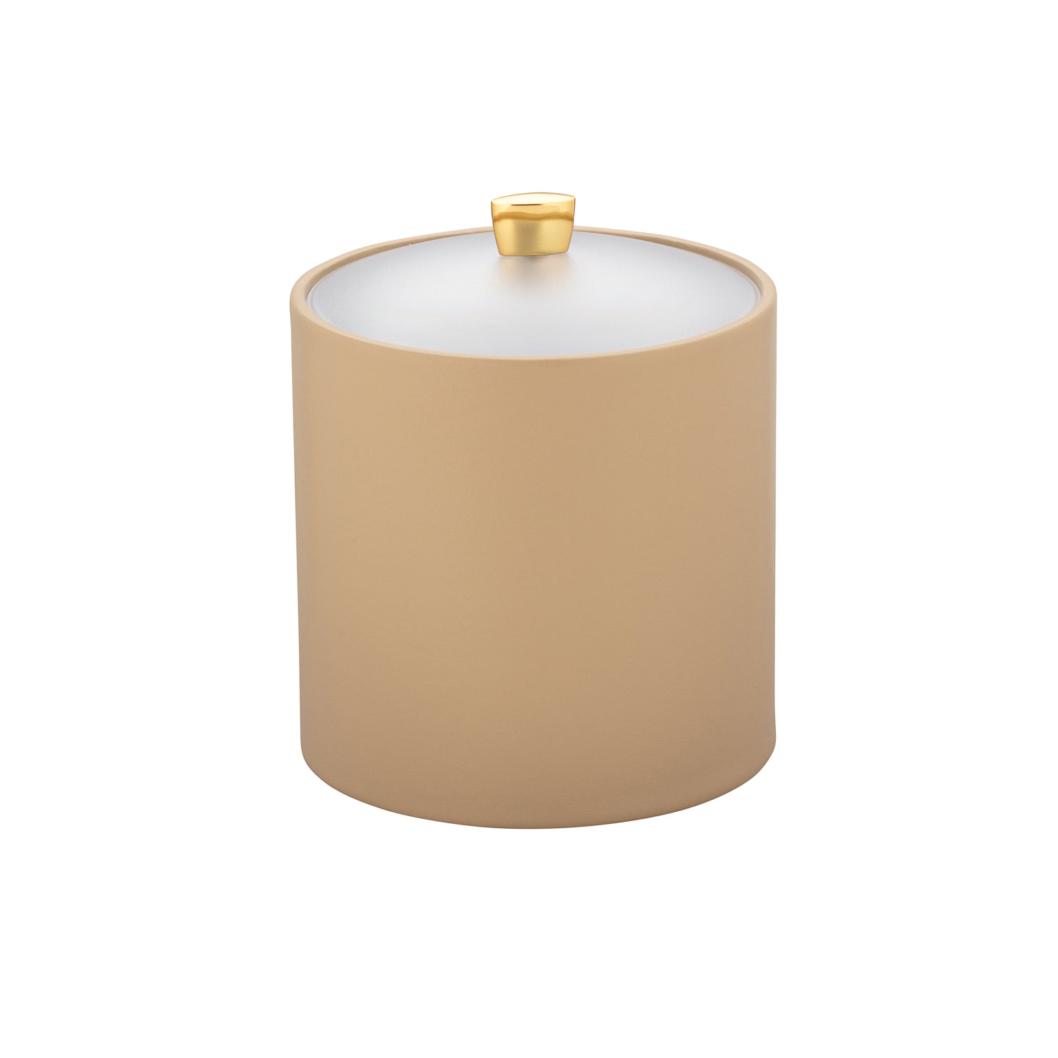 Beige | 3QT leatherette modern ice bucket with polished gold arc knob and acrylic cover, perfect for home bars.