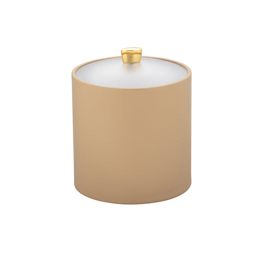 Beige | 3QT leatherette modern ice bucket with polished gold arc knob and acrylic cover, perfect for home bars.