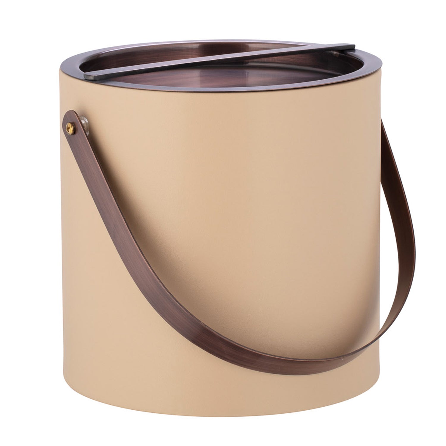 Beige | Barware ice bucket with oil rubbed bronze bridge cover and sturdy arch handle for easy carrying.