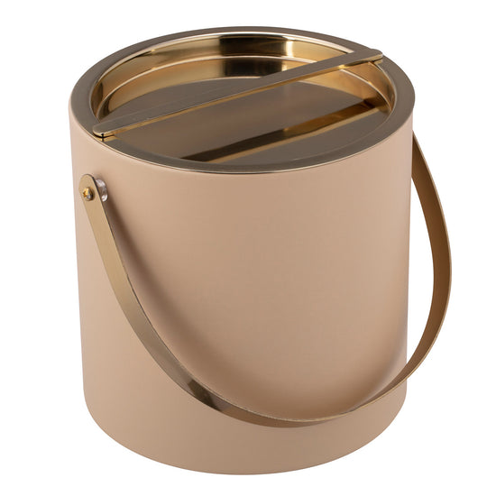 Beige | Elegant leatherette ice bucket with polished gold cover and arch handle.