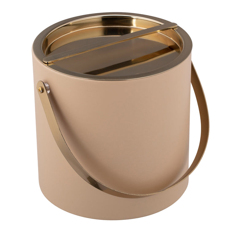 Beige | Elegant leatherette ice bucket with polished gold cover and arch handle.