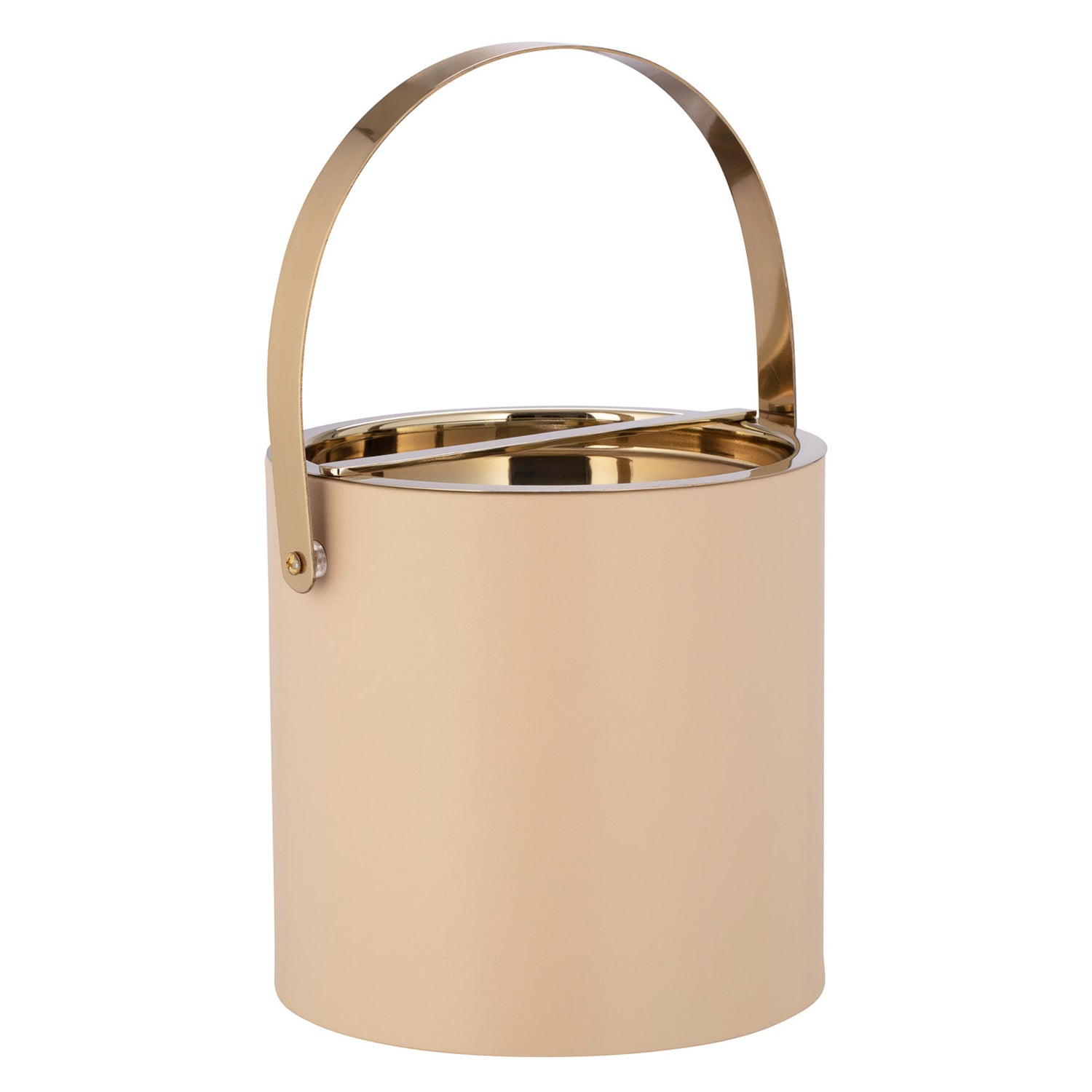 Beige | Leatherette ice bucket with polished gold cover and arch handle on a white background.