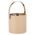 Beige | Leatherette ice bucket with polished gold cover and arch handle on a white background.