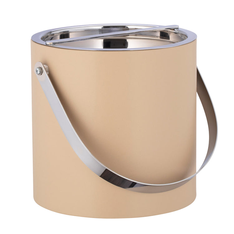Beige | Close-up of the beige leatherette ice bucket featuring a sleek chrome cover and handle.