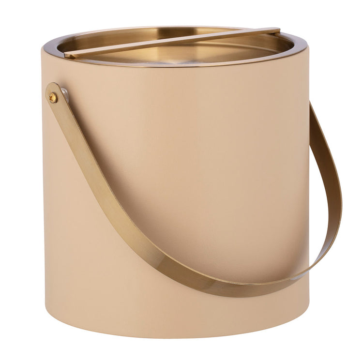 Beige | 3-quart leatherette ice bucket with brushed gold lid and handle, displayed on a white background.