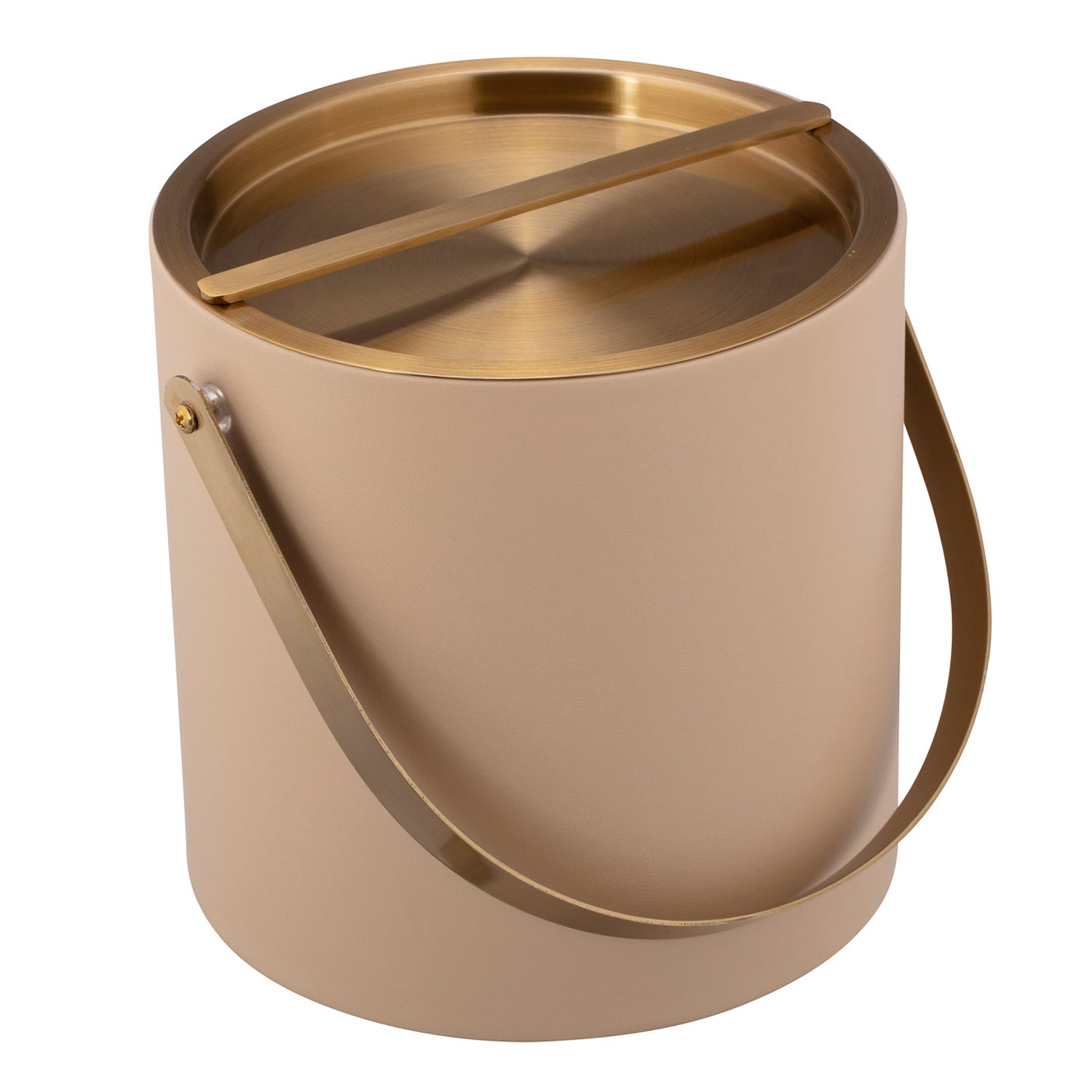 Beige | Top-down view of 3 qt leatherette ice bucket with brushed gold cover, placed on a white backdrop.