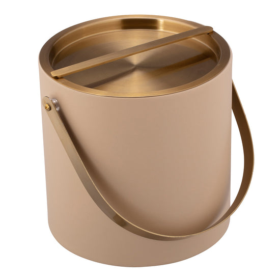 Beige | Top-down view of 3 qt leatherette ice bucket with brushed gold cover, placed on a white backdrop.