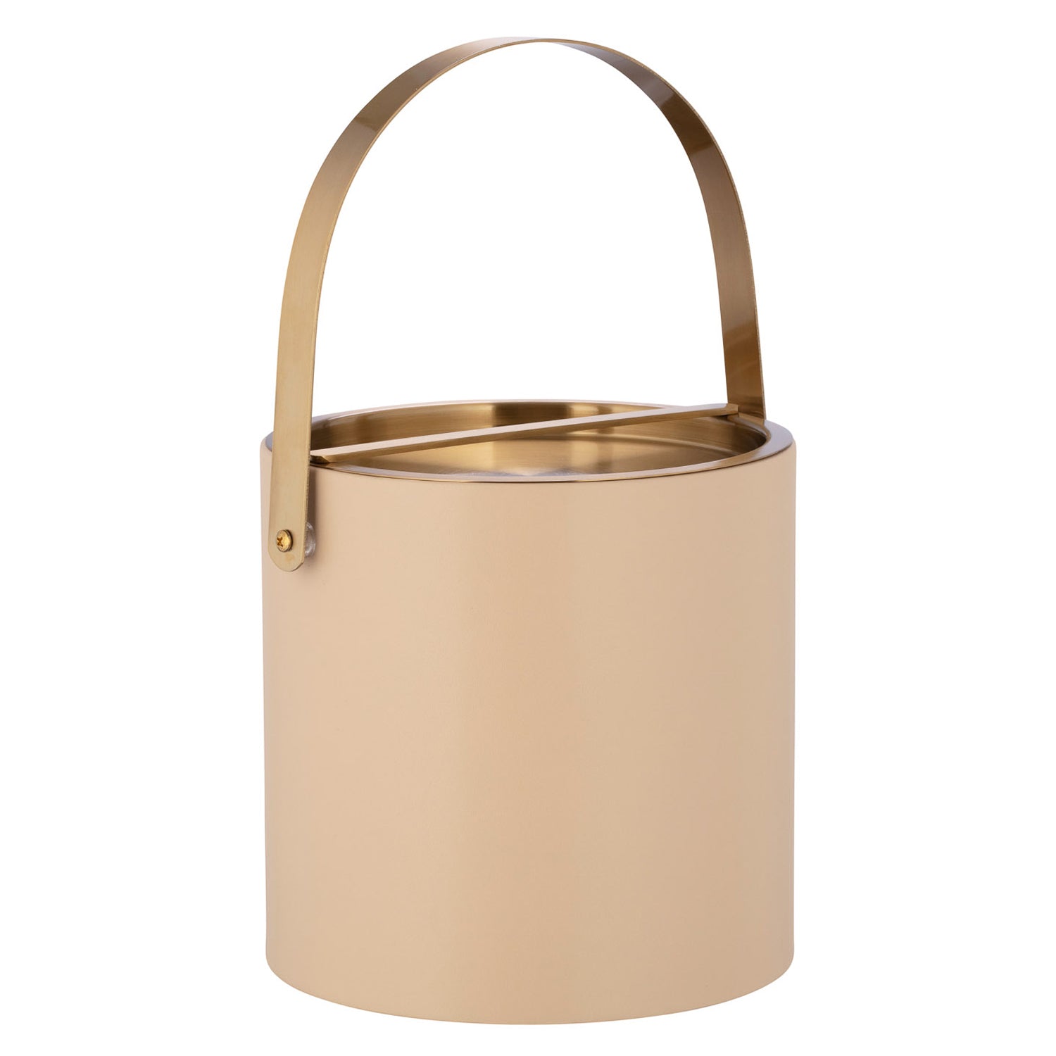 Beige | Elegant leatherette ice bucket with gold metal lid and top handle, shown on a clean white surface.