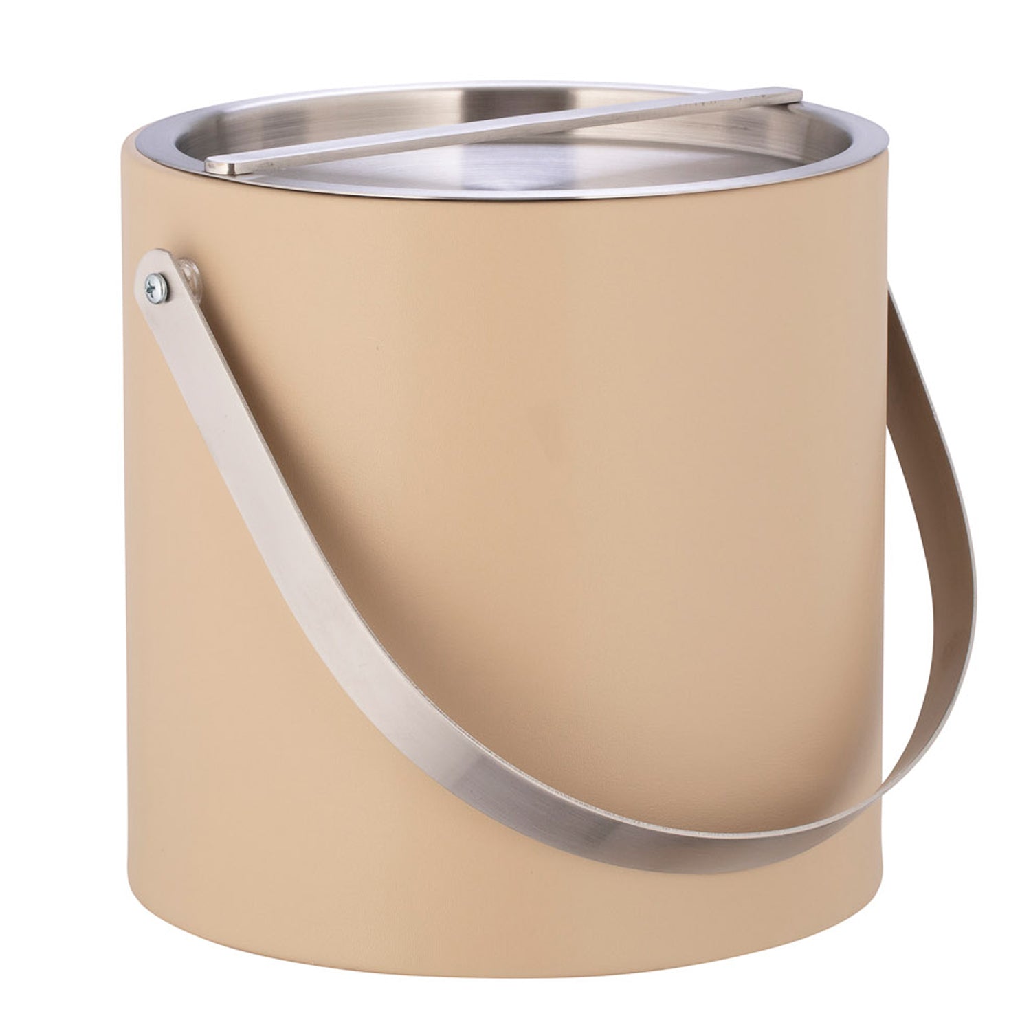 Beige | Stylish leatherette ice bucket with bridge cover and chrome handle.