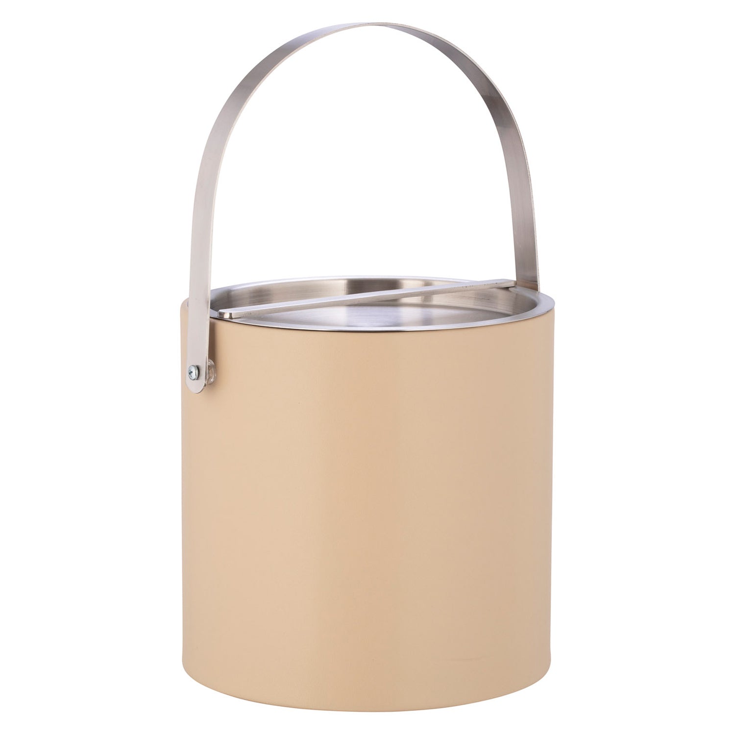 Beige | 3qt leatherette ice bucket with chrome arch handle on a white background.