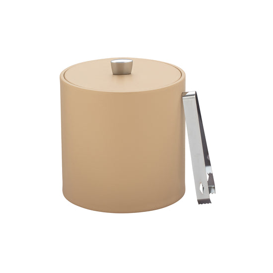 Beige | Ice bucket in rich leatherette finish with coordinating lid and sleek chrome arc knob on top.