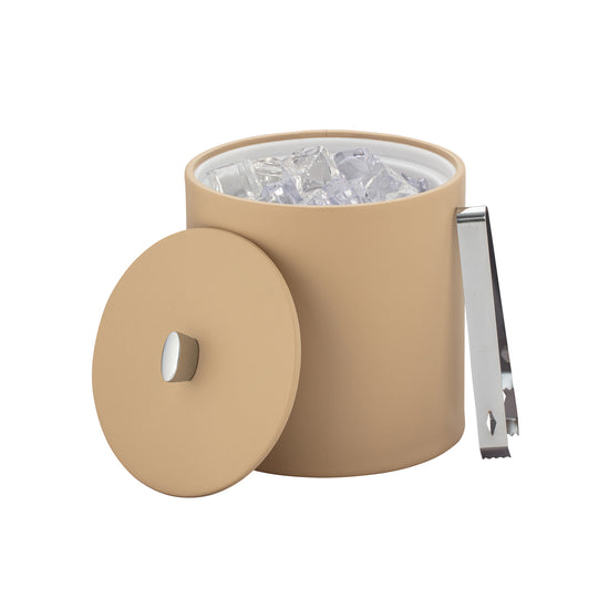 Beige | Front view of the leatherette ice bucket with lid on the side, revealing interior for ice storage.
