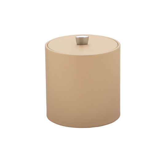 Beige | Leatherette wrapped ice bucket with matching lid and chrome arc knob, perfect for home bar use.