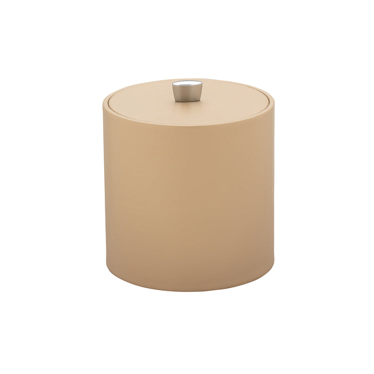 Beige | Leatherette wrapped ice bucket with matching lid and chrome arc knob, perfect for home bar use.