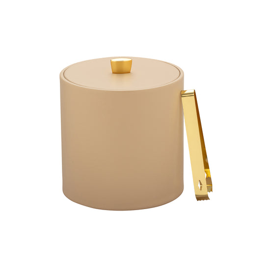 Beige | Elegant beige leatherette ice bucket featuring a gold arc knob for a luxurious finish.
