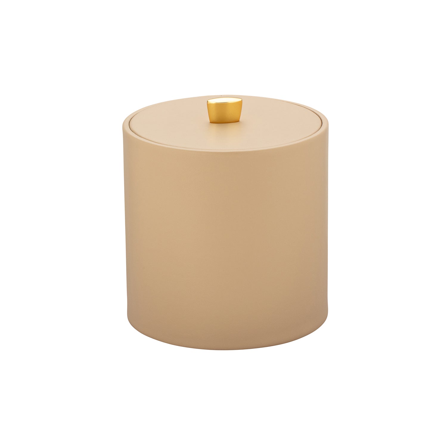Beige | Leatherette ice bucket with matching leatherette cover and gold arc knob on a white background.