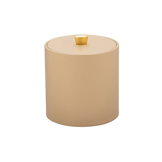 Beige | Leatherette ice bucket with matching leatherette cover and gold arc knob on a white background.