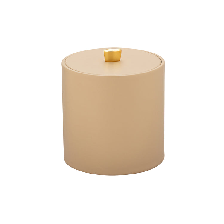 Beige | Leatherette ice bucket with matching leatherette cover and gold arc knob on a white background.