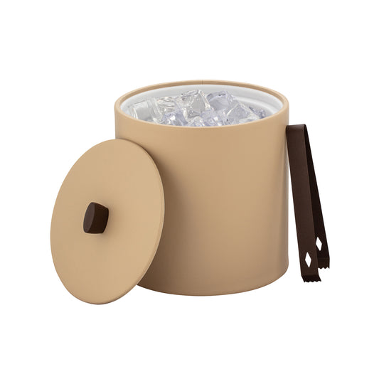 Beige | Leatherette wrapped ice bucket with matching cover and oil rubbed bronze arc knob.