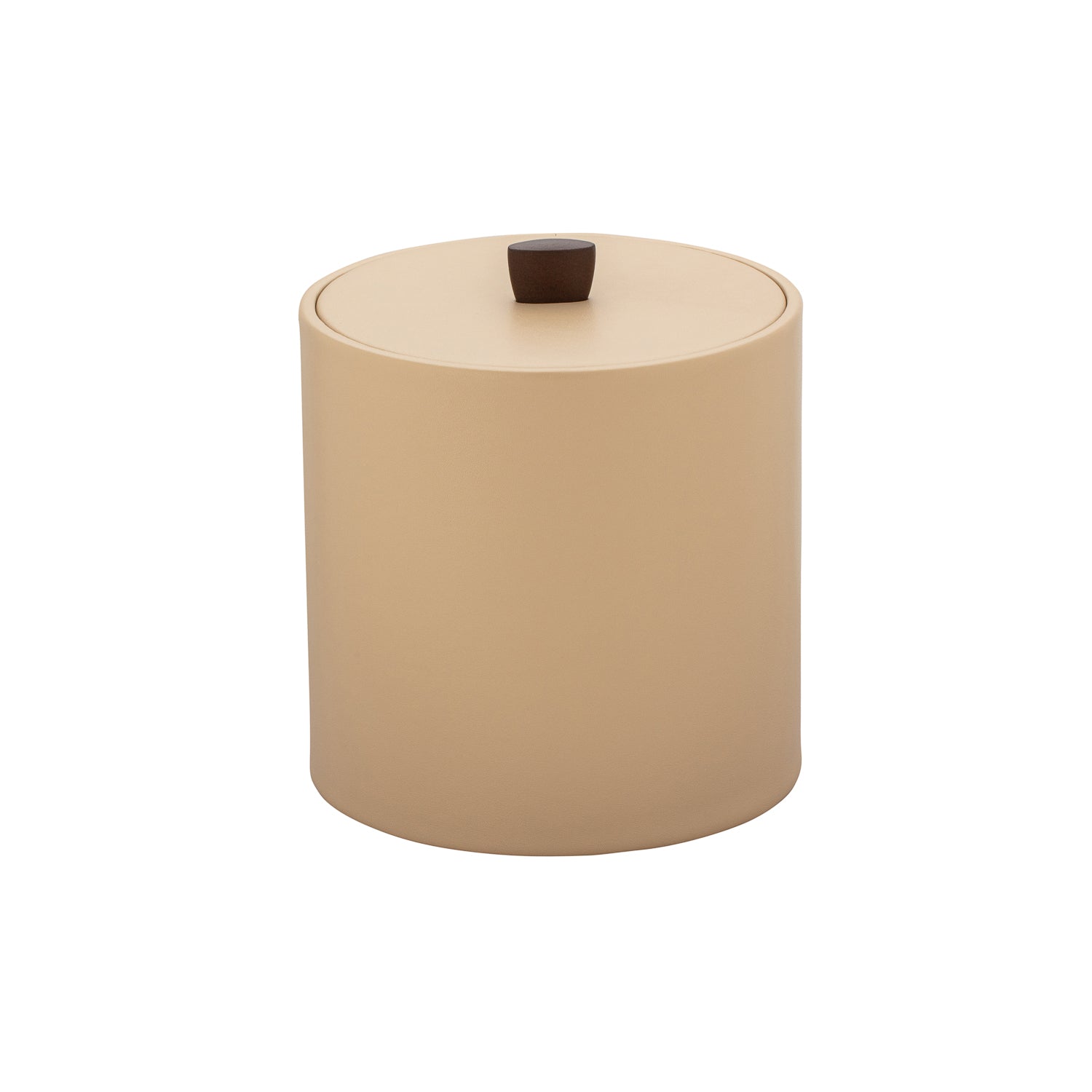 Beige | Close up of oil rubbed bronze arc knob on leatherette wrapped ice bucket cover.