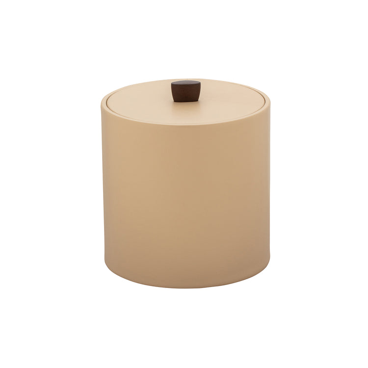 Beige | Close up of oil rubbed bronze arc knob on leatherette wrapped ice bucket cover.