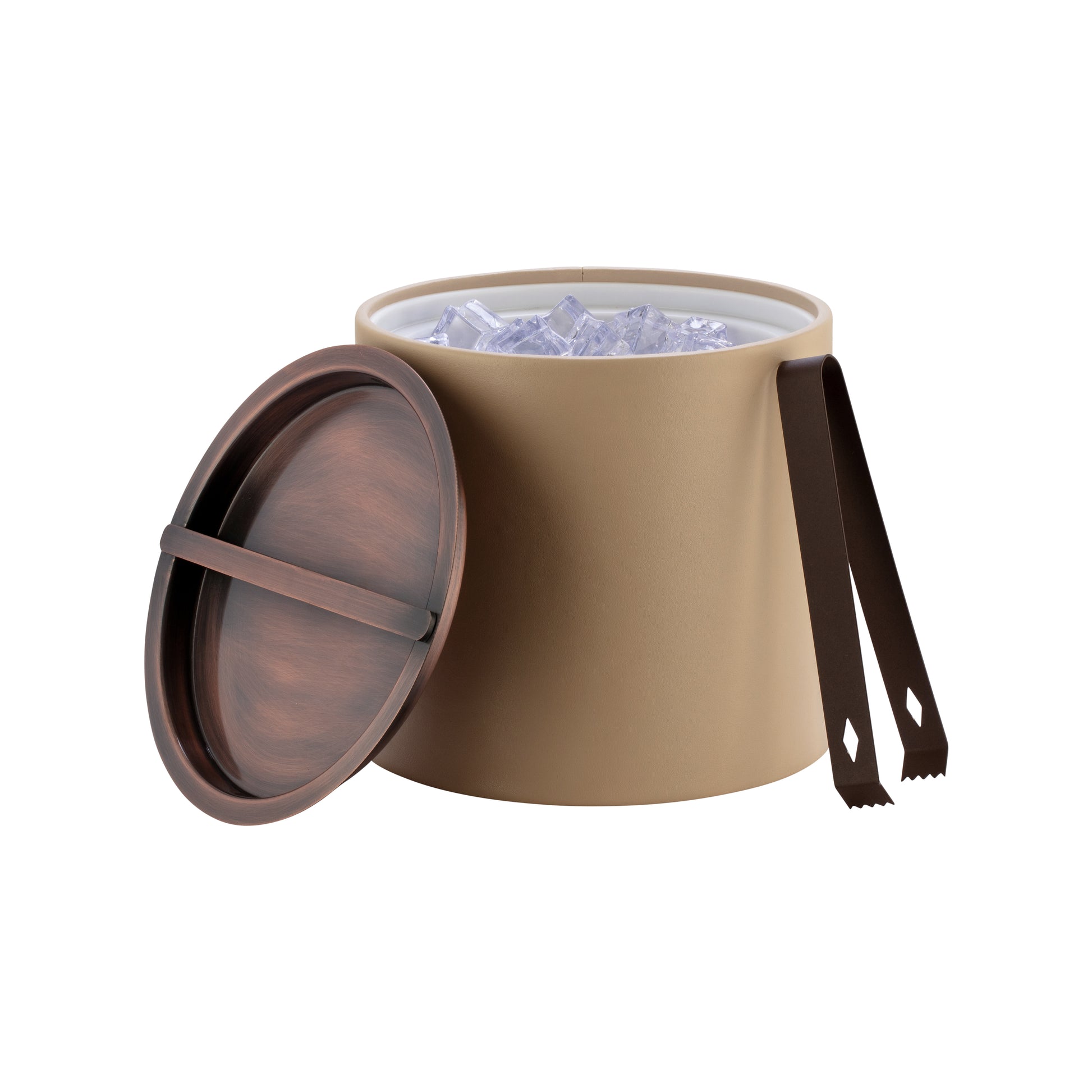Beige | Ice bucket with artisan oil-rubbed bronze bridge-style cover for timeless entertaining.