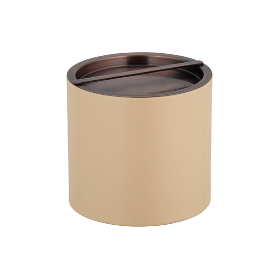 Beige | Leatherette ice bucket with smooth oil-rubbed bronze bridge lid for a vintage inspired look.