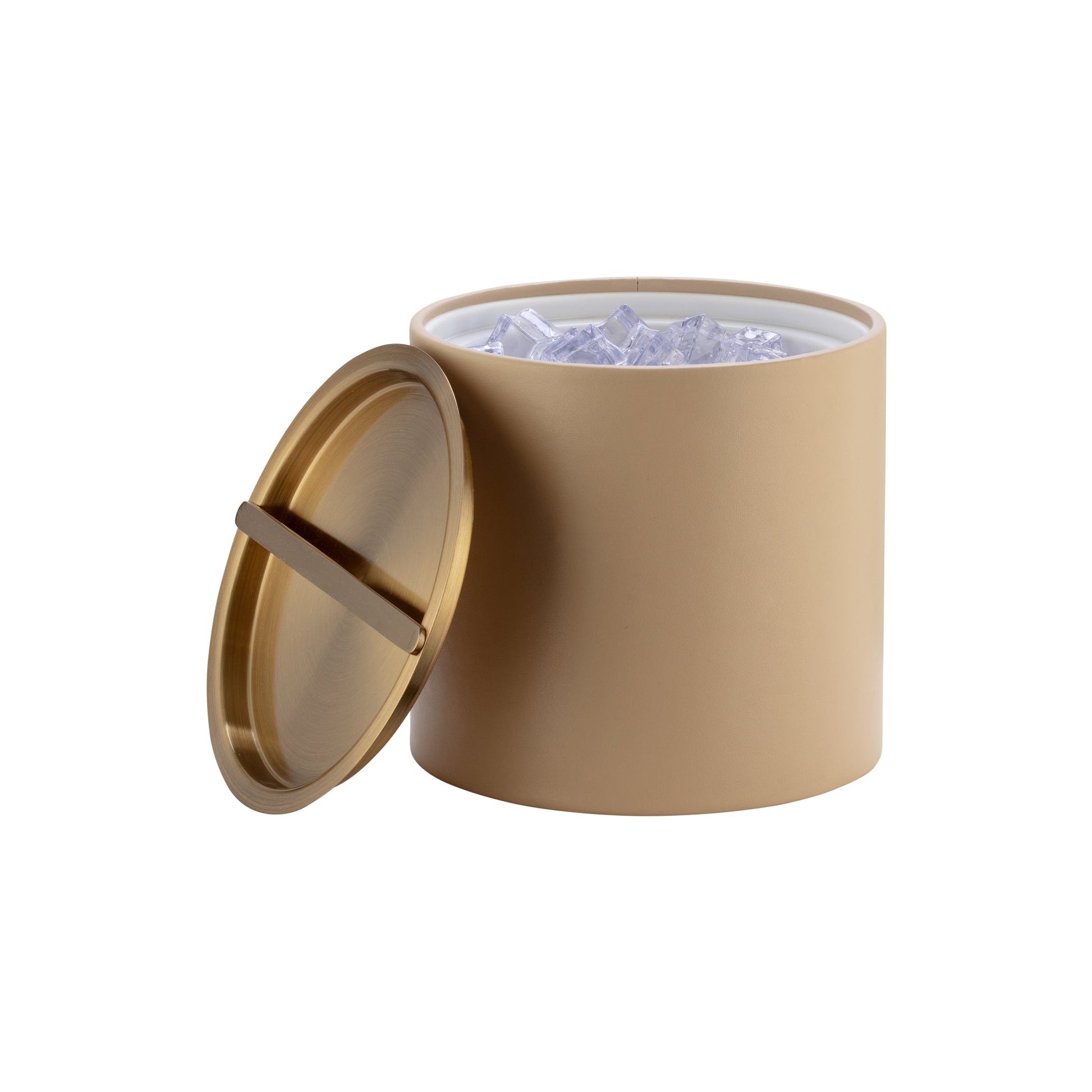 Beige | 3-quart leatherette ice bucket with a brushed gold cover, displayed upright on a white background.