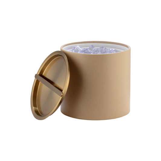 Beige | 3-quart leatherette ice bucket with a brushed gold cover, displayed upright on a white background.