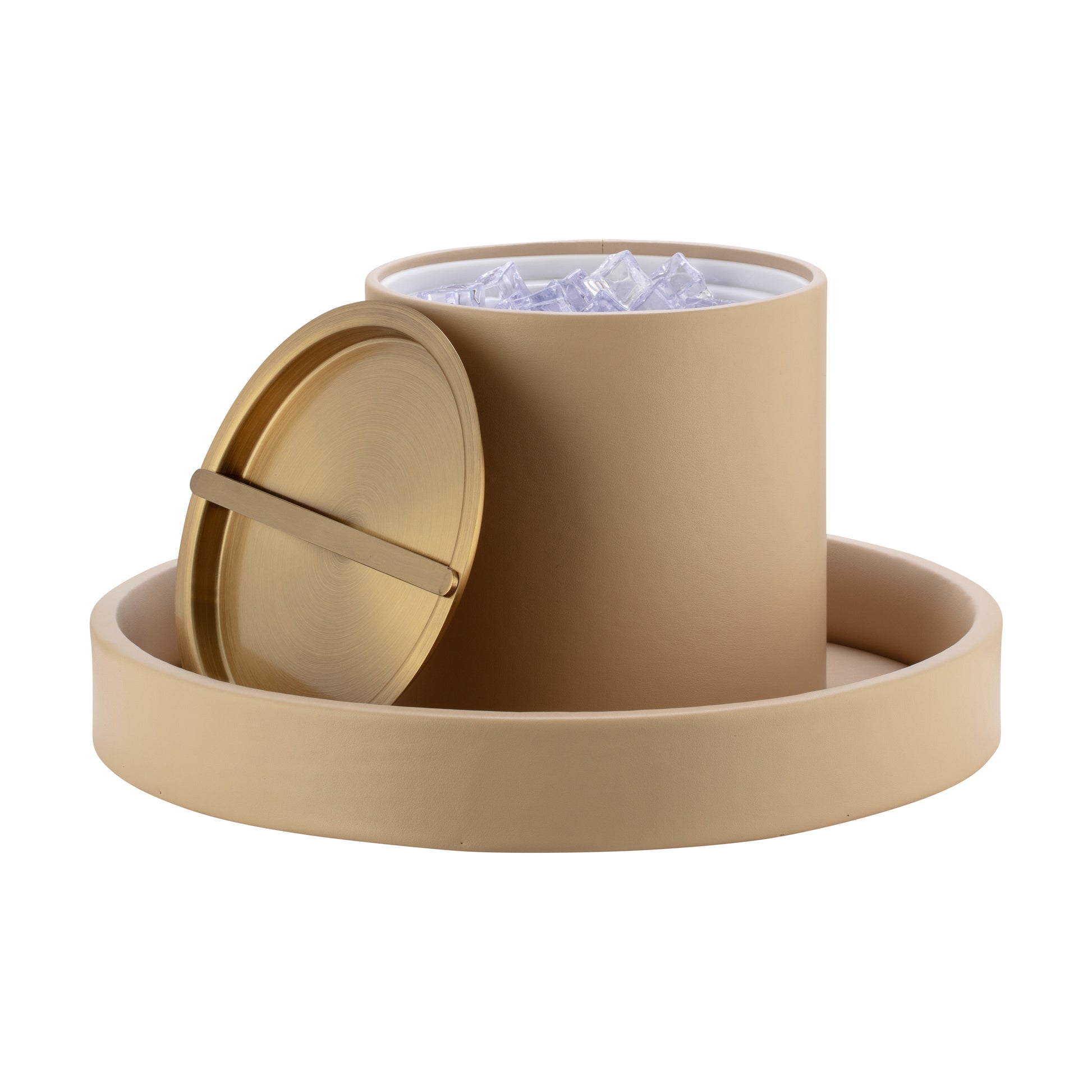 Beige | Close-up of the brushed gold lid off to the side revealing the ice inside the ice bucket, positioned on a serving tray.