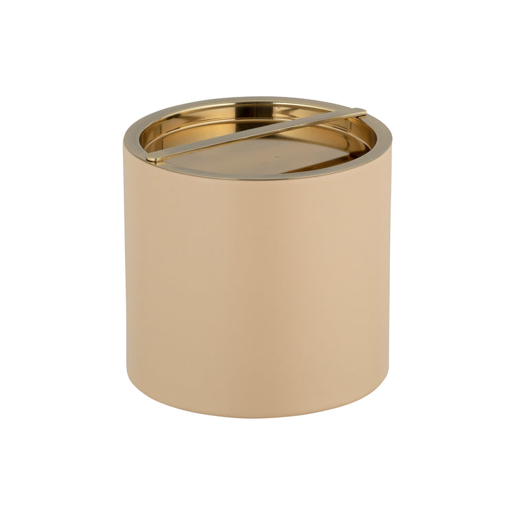 Beige | View of a leatherette ice bucket featuring a smooth texture and brushed gold lid, shown on white.