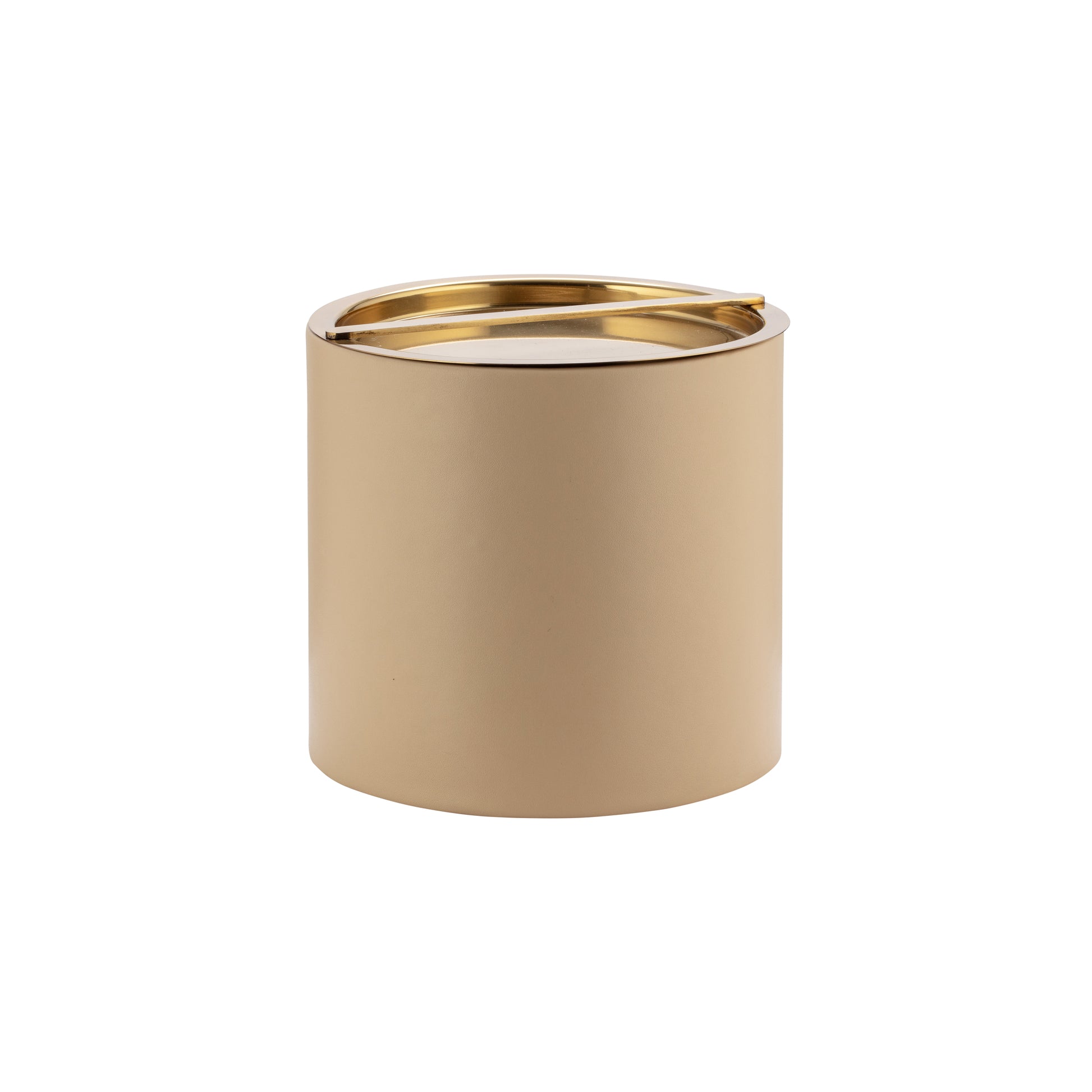 Beige | Leatherette ice bucket featuring a reflective gold lid.
