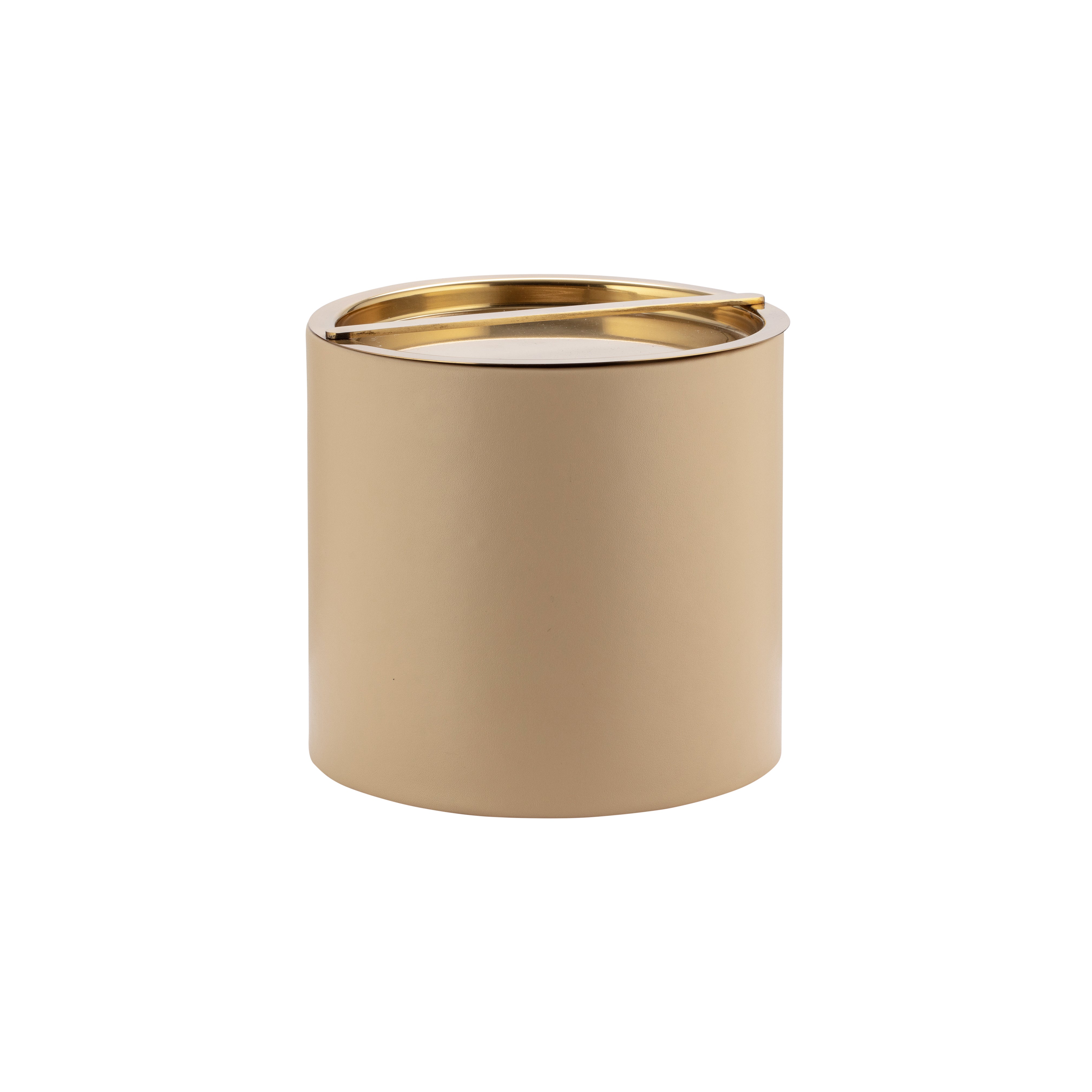 Beige | Leatherette ice bucket featuring a reflective gold lid.