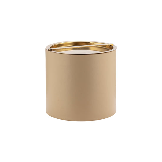 Beige | Leatherette ice bucket featuring a reflective gold lid.