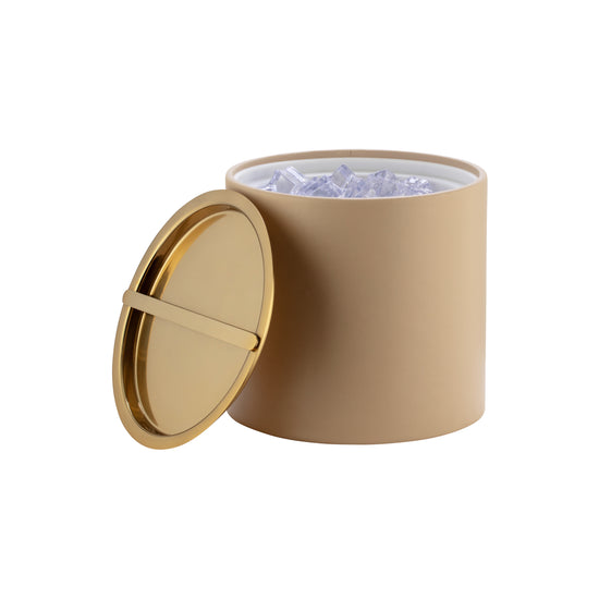Beige | Elegant ice bucket with smooth leatherette body and shiny gold top.
