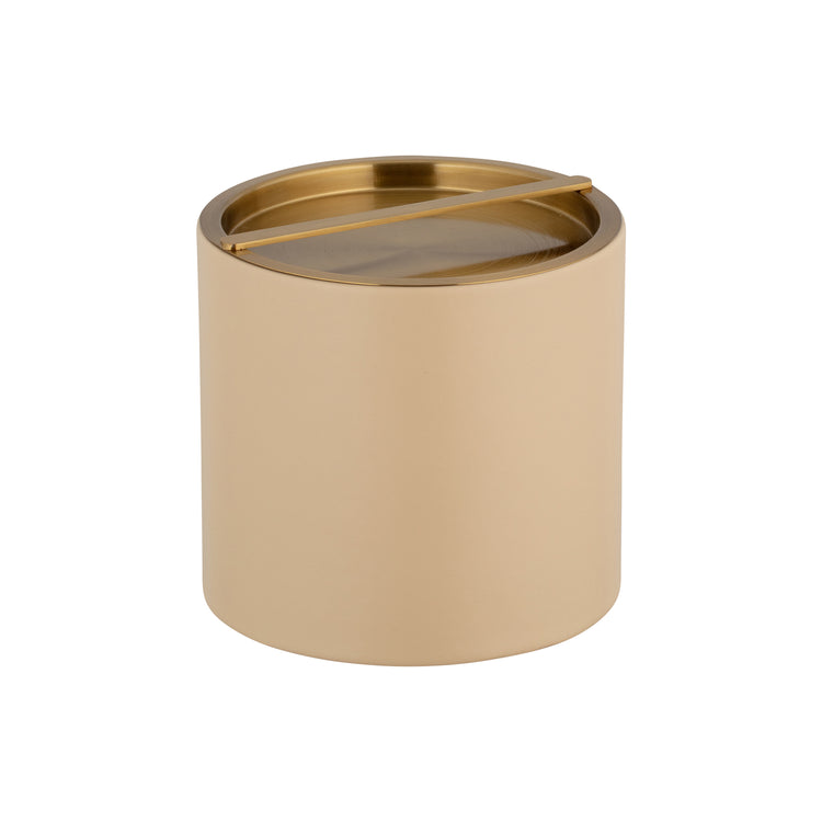 Beige | Leatherette ice bucket with polished gold cover on a white background.