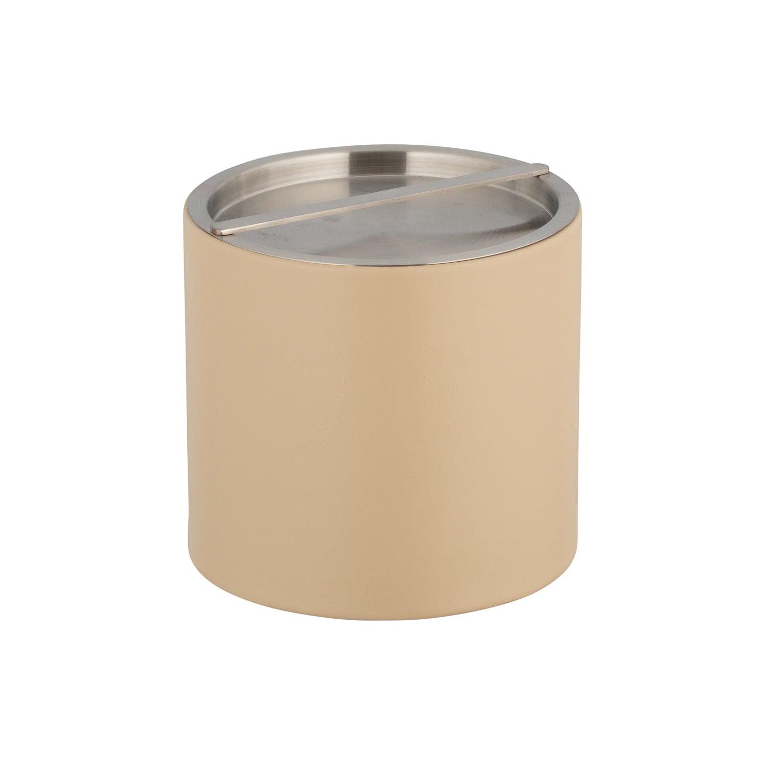 Beige | 3qt leatherette ice bucket with brushed chrome bridge cover.