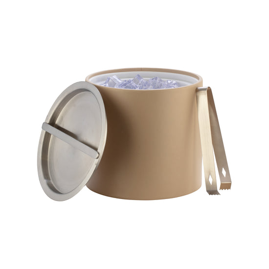 Beige | 3qt leatherette ice bucket with cover off to the side and brushed chrome ice tongs.