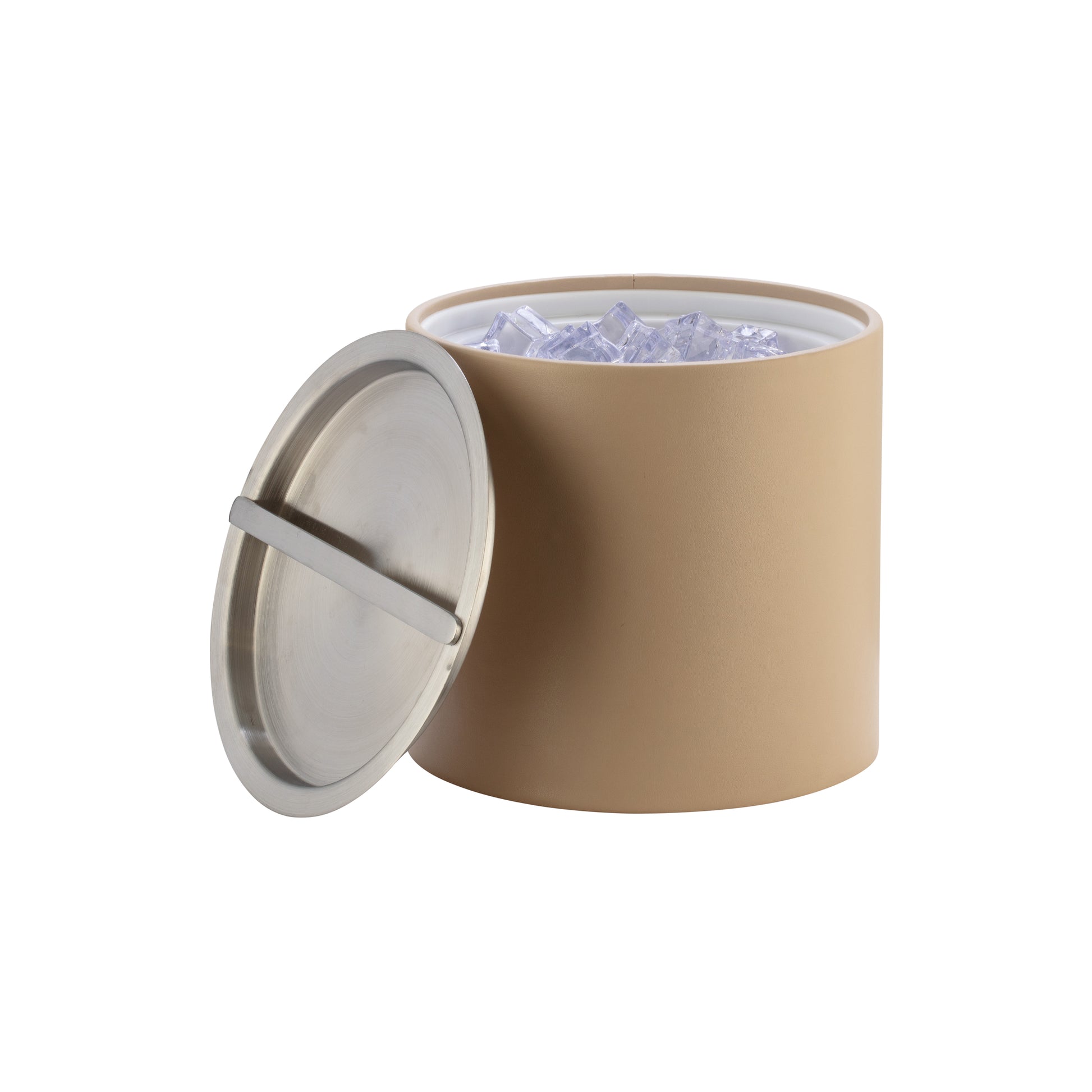 Beige | Close-up of chrome bridge cover on this hand sewn leatherette ice bucket.