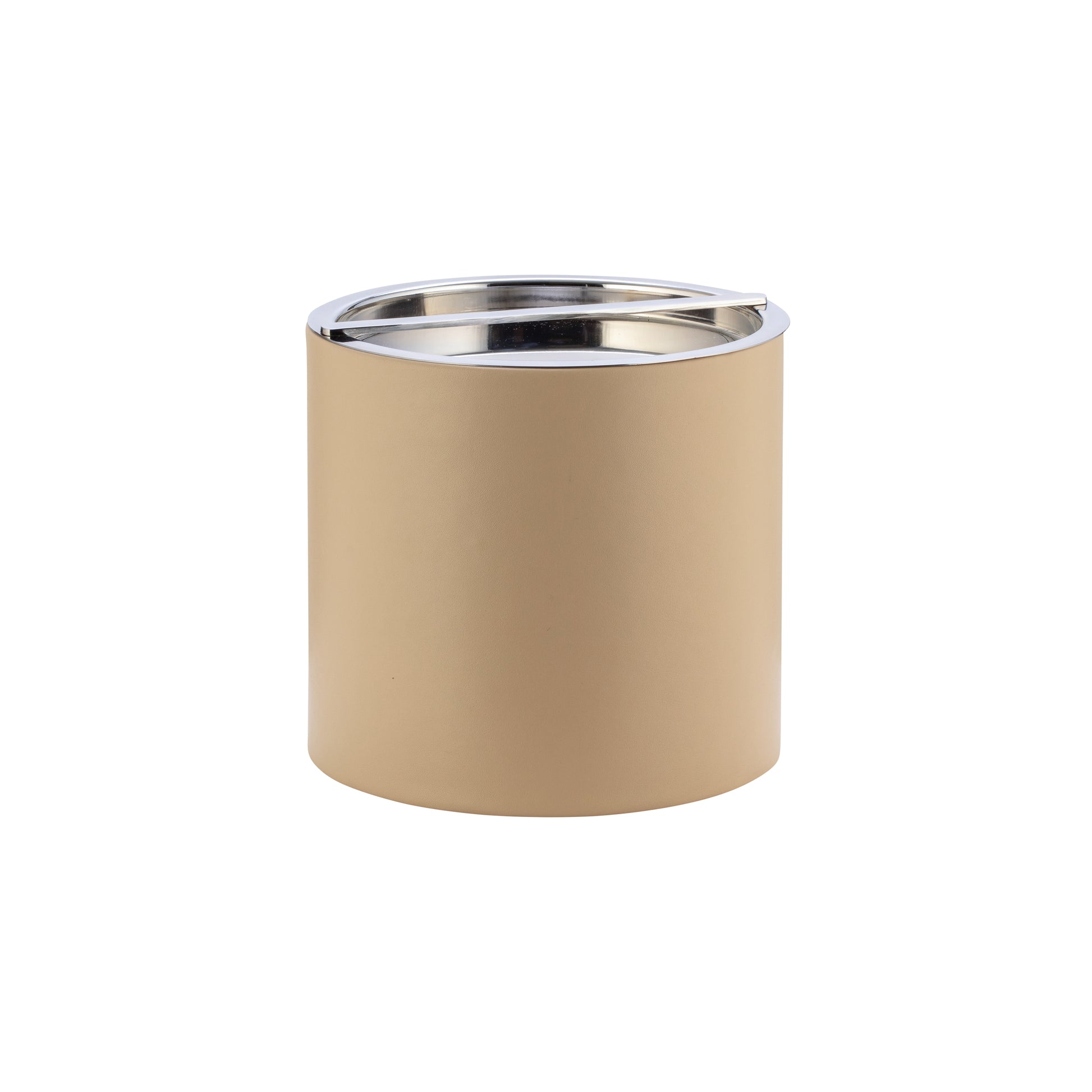 Beige | Elegant beige leatherette ice bucket featuring a reflective chrome lid.
